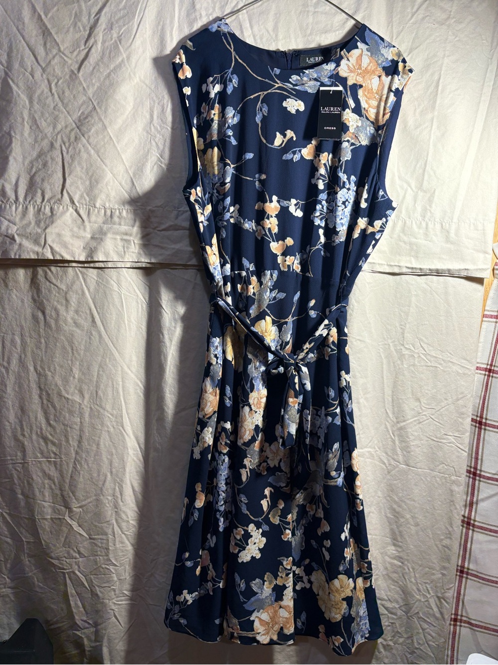 LAUREN Ralph Lauren Navy Floral Tie-Waist Sleeveless Dress